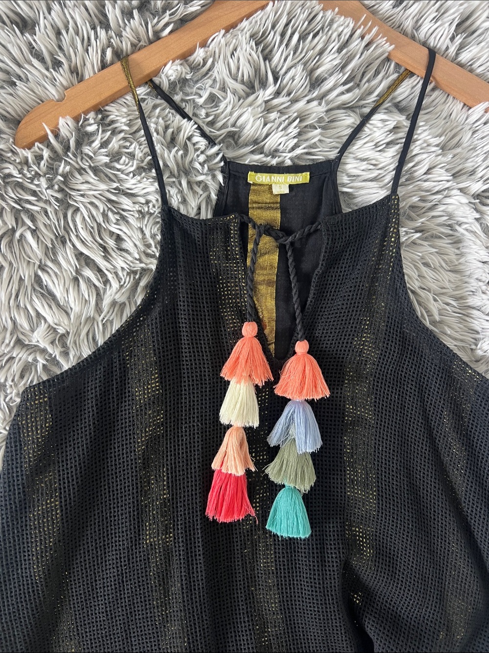 Gianni Bini Black Mesh Dress with Multicolor Tassels small